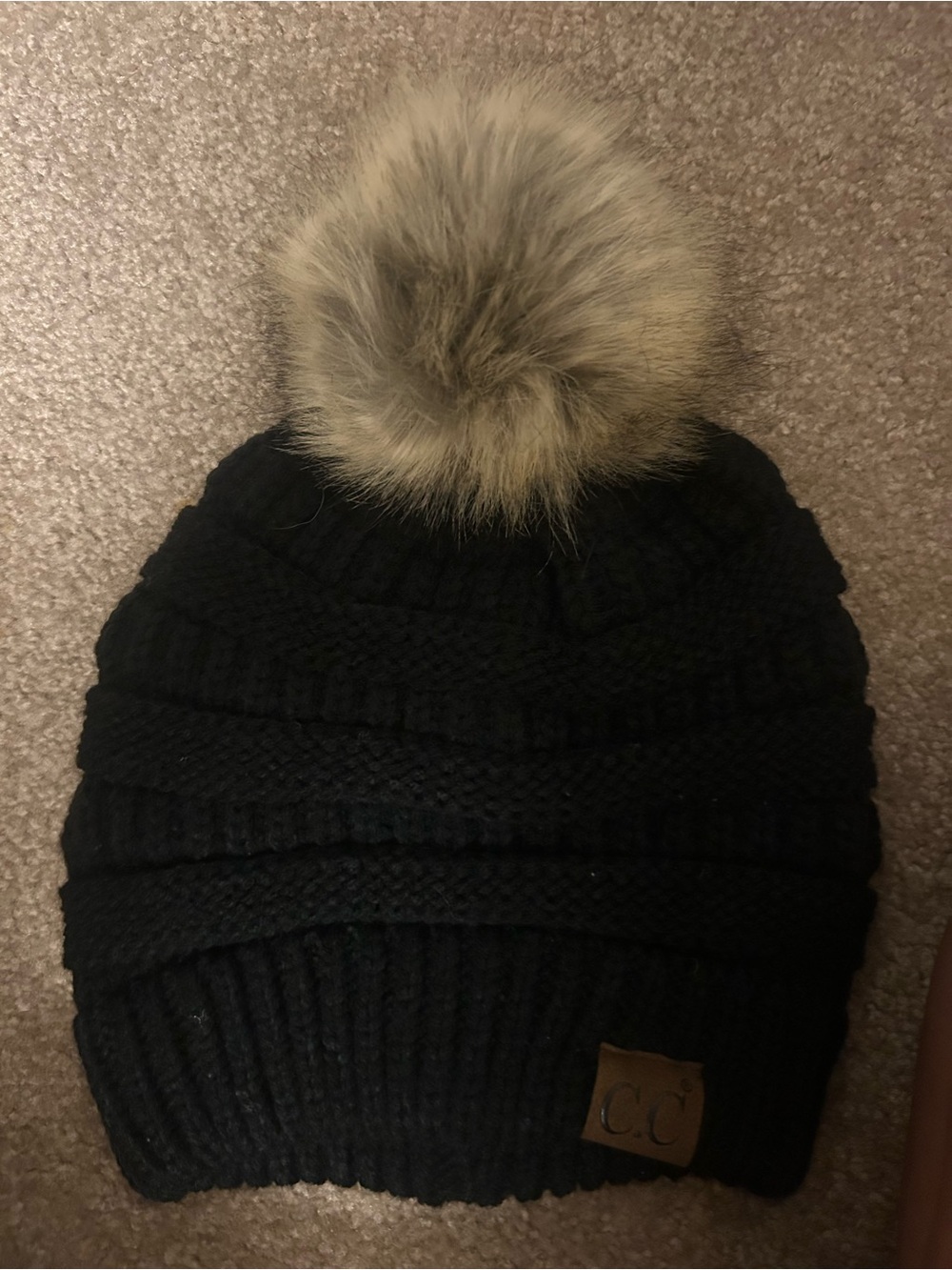 C.C Black Knit Beanie with Taupe Faux-Fur Pom